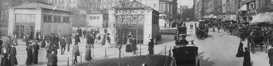 Tremont Street in 1903 or earlier, looking northeast. On the left are entrances to the Park Street subway station at Boston Common and the Park Street Church... click to see Boston photos at the Library of Congress