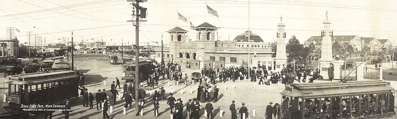 Street cars at the main entrance to the Texas State Fair in Dallas in 1908... click to see Dallas photos at the Library of Congress